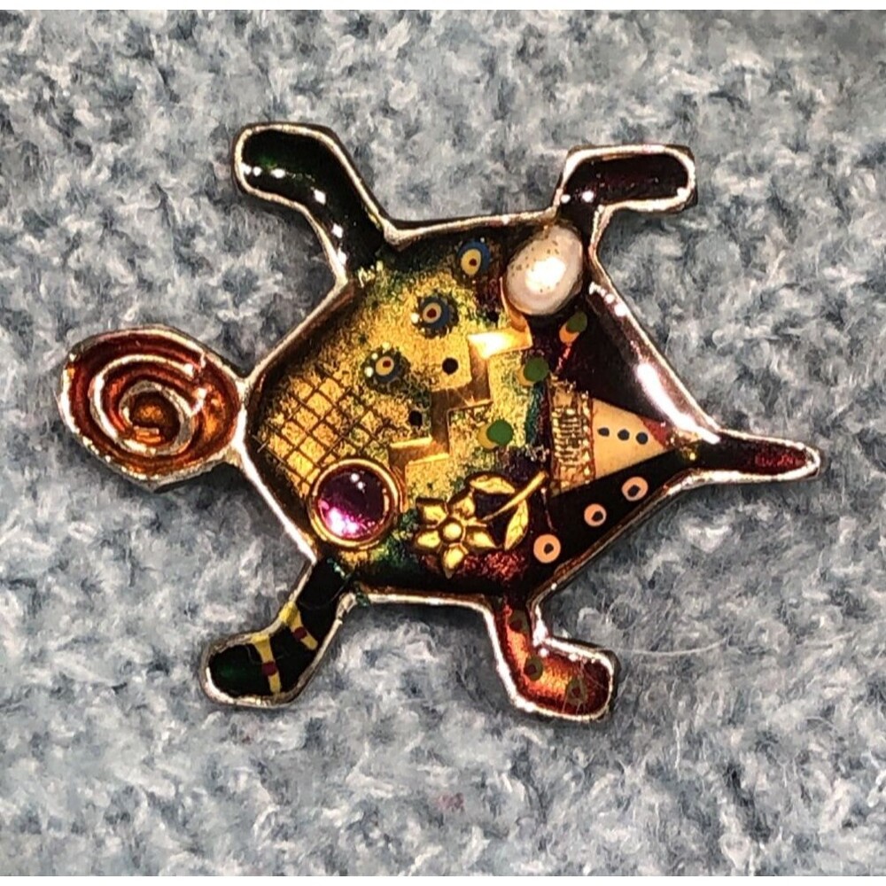 VTG Yossi Steinberg Artisan Turtle Brooch Resin Accent Pearl Modernist Abstract